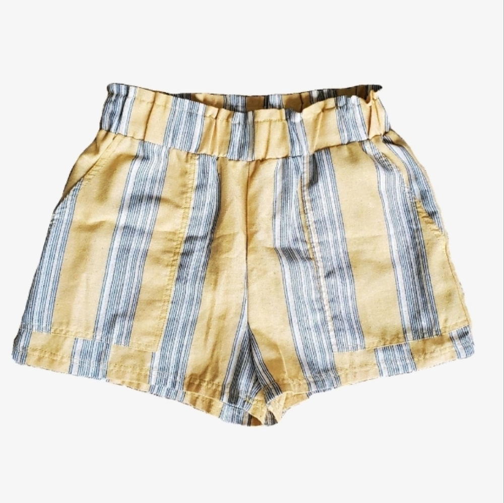 High Waisted Paper Bag Waist Striped Yellow Navy White Shorts Nautical Vibes
